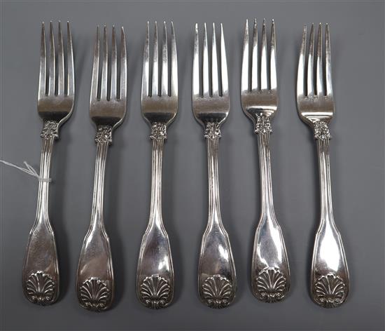 A set of six Scottish William IV silver shell, fiddle and thread pattern table forks, Glasgow 1832, makers WM/AM, approx 20oz